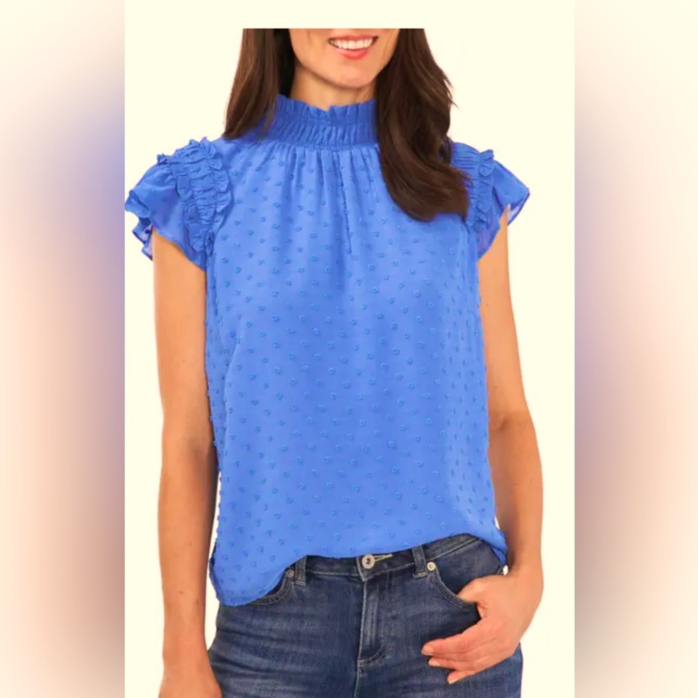 CECE
Clip Dot Ruffle Mock Neck Crepe Top in Bright Blue Womens Small